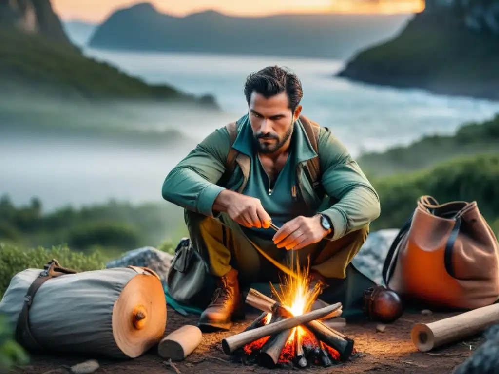 Adventurer experto encendiendo fuego en selva uruguaya Un aventurero en Uruguay practica Técnicas de Bushcraft rodeado de exuberante vegetación en un bosque denso