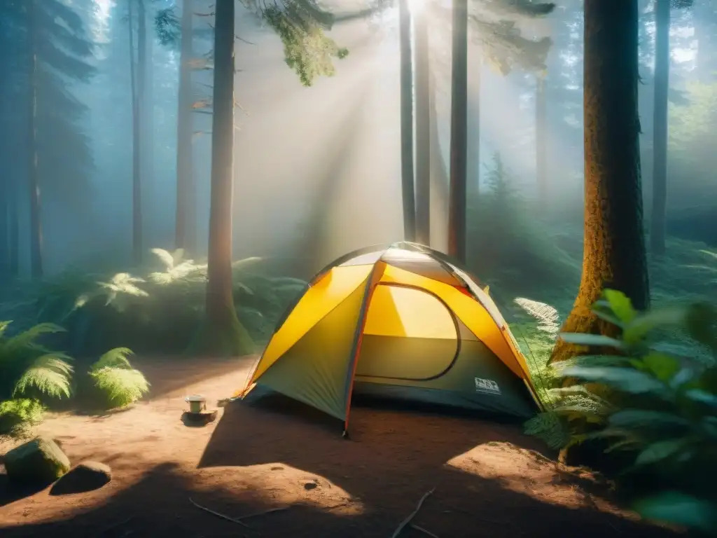 Supervivencia en la naturaleza: montando una tienda en el bosque Un aventurero armando una tienda de campaña en un bosque frondoso de Uruguay, mostrando resiliencia y adaptabilidad