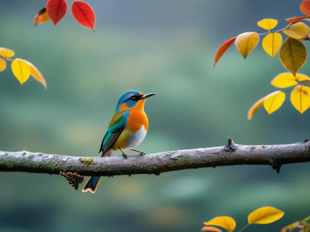 Avifauna otoñal: diversidad de aves migratorias en Uruguay Observación de aves en Uruguay: Grupo de aves migratorias coloridas en un bosque otoñal