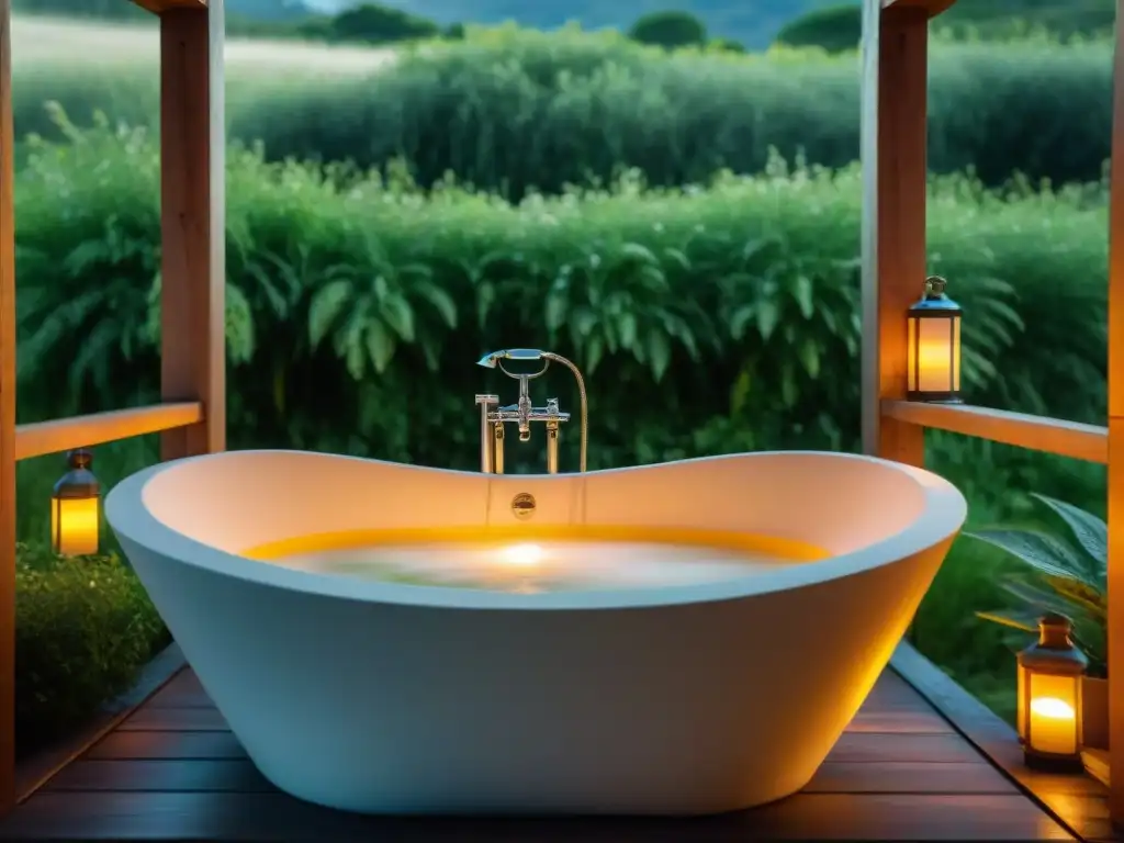 Baño de lujo al aire libre en Uruguay: experiencia única Baño de lujo al aire libre en Glamping Uruguay rodeado de naturaleza y luz de velas al anochecer