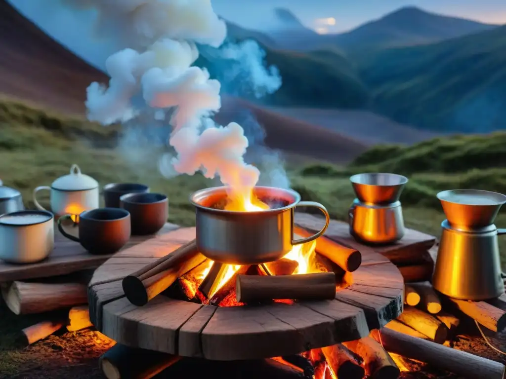 Campamento acogedor en Uruguay: mates, chocolate y café bajo las estrellas Disfrutando bebidas calientes en un acogedor campamento bajo las estrellas en Uruguay