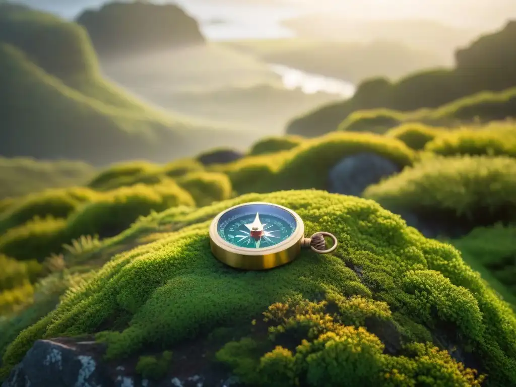 Exploración en bosque uruguayo al amanecer: brújula hacia el norte Descubre la belleza del bosque uruguayo al amanecer con equipamiento camping Uruguay imprescindible