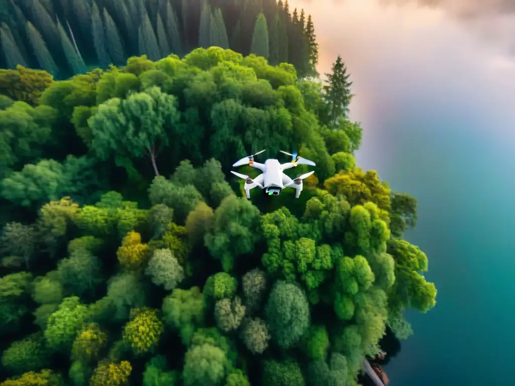 Exploración aérea: dron sobre bosque al atardecer Explora la belleza de un bosque verde al atardecer con un dron, reflejando en un lago sereno