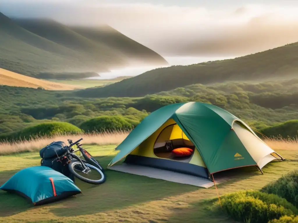 Campamento ciclista en Uruguay: atardecer entre colinas verdes Explora la belleza de un campamento en Uruguay con equipo de camping ciclismo