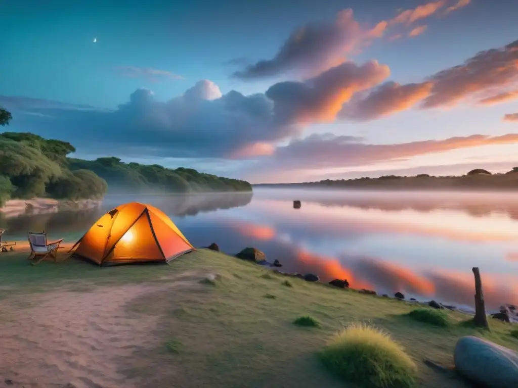 Camping sereno junto al Río Uruguay al atardecer Disfruta los beneficios de acampar junto al río Uruguay al atardecer