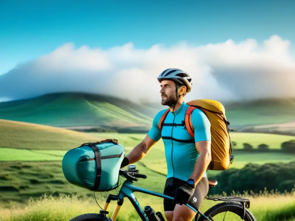 Exploración en bicicleta por paisajes verdes de Uruguay Explorando Uruguay en bicicleta con equipo camping ciclismo, rodeado de naturaleza exuberante y cielo despejado