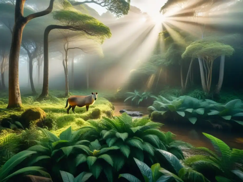 El Bosque Vivo de Uruguay: Fauna y Luz en Armonía Un bosque denso en Uruguay con diversa fauna local conviviendo en armonía