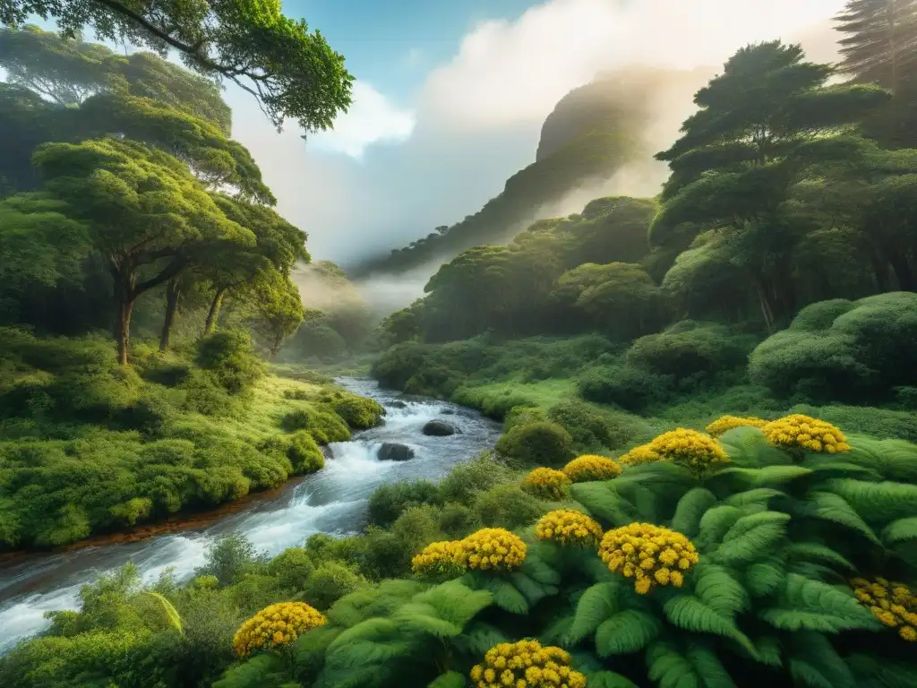 Bosque nativo en Uruguay: armonía y sostenibilidad Un bosque exuberante en Uruguay con un arroyo y un campamento tradicional, resaltando la minimización de residuos y las tradiciones uruguayas