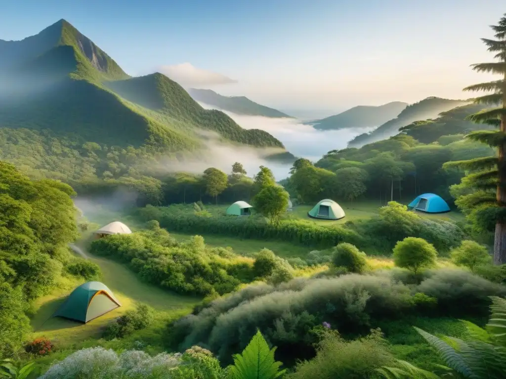 Armonía natural: camping sostenible en bosque diverso Un bosque exuberante donde el camping sostenible se fusiona con la naturaleza
