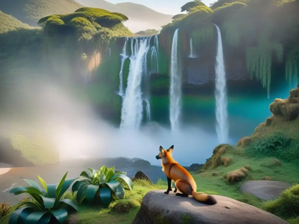 Fantasía mística: fauna nativa y criaturas legendarias en Uruguay Un bosque místico en Uruguay al atardecer, donde criaturas fantásticas se mezclan con la fauna nativa