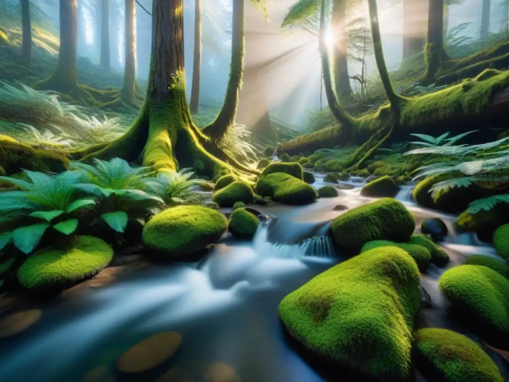 Bosque prístino con arroyo cristalino Un bosque sereno cubierto de musgo con luz solar filtrándose entre el dosel