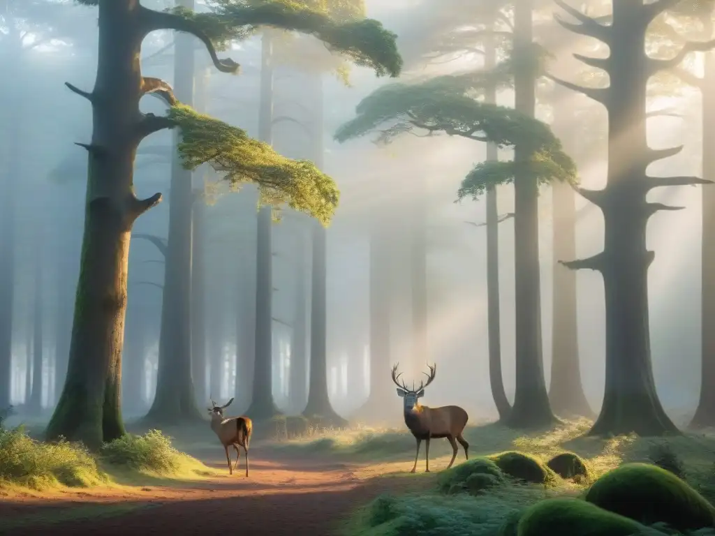 Escena mística: familia de ciervos al amanecer en el bosque Un bosque sereno al amanecer con una familia de ciervos emergiendo cautelosos, creando un ambiente místico