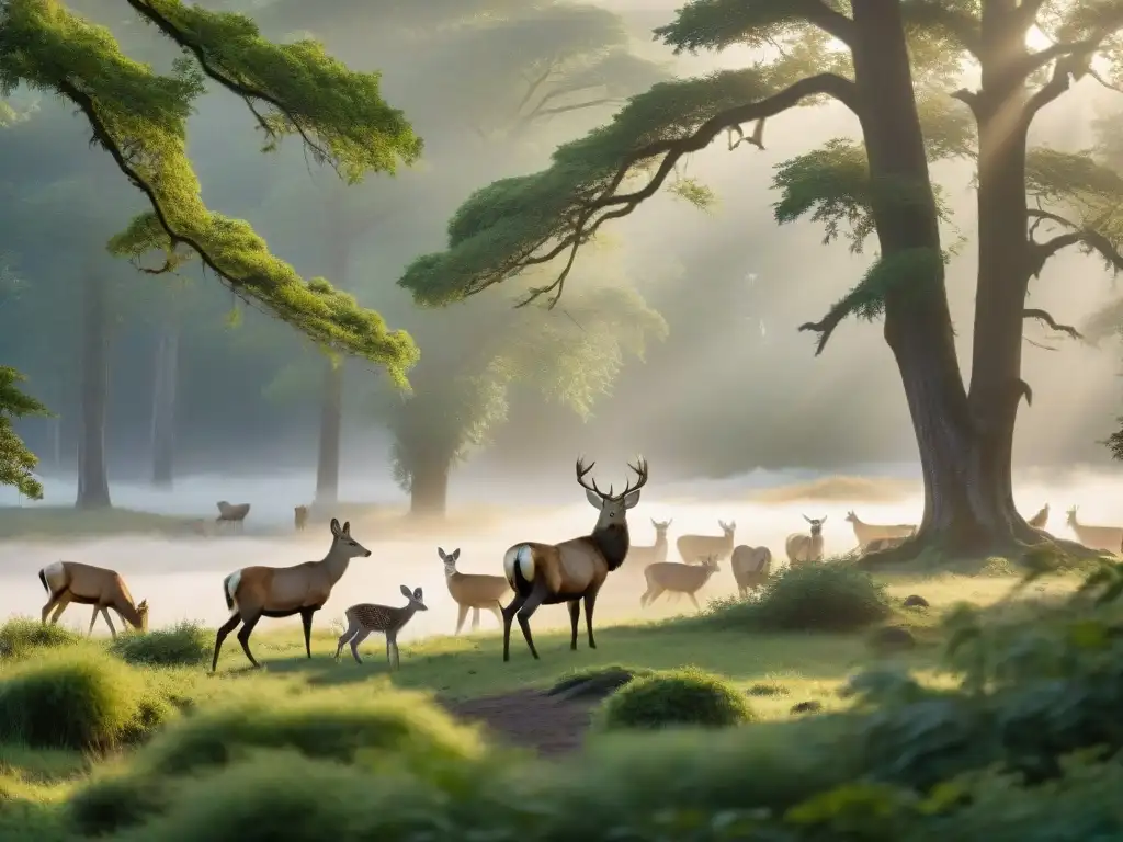 Escena serena: familia de ciervos y águila en bosque Un bosque sereno con vida silvestre en su hábitat natural