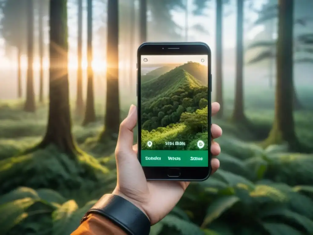 Amanecer eco en Uruguay: app de monitoreo ambiental en bosque verde Un bosque verde exuberante en Uruguay al amanecer, con una app de monitoreo ambiental en un smartphone
