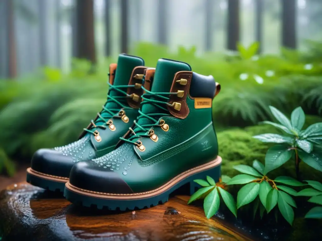 Botas de camping impermeables en bosque verde Botas impermeables para camping en Uruguay: detalle de botas de alta calidad cubiertas de gotas de agua, en un bosque verde con luz solar filtrándose