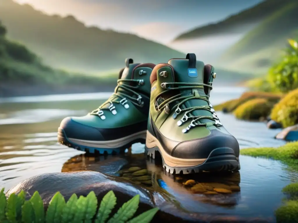 Botas de senderismo resistentes al agua en Uruguay Botas impermeables para camping en Uruguay: Detalle de botas de senderismo sumergidas en arroyo, con gotas de agua brillando al sol