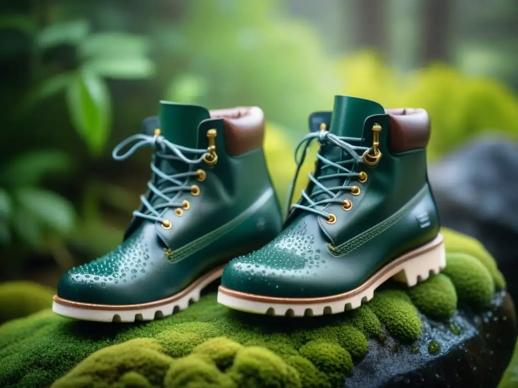 Botas de camping resistentes a prueba de agua en entorno natural Botas impermeables para camping en Uruguay sobre roca musgosa en un bosque verde y soleado