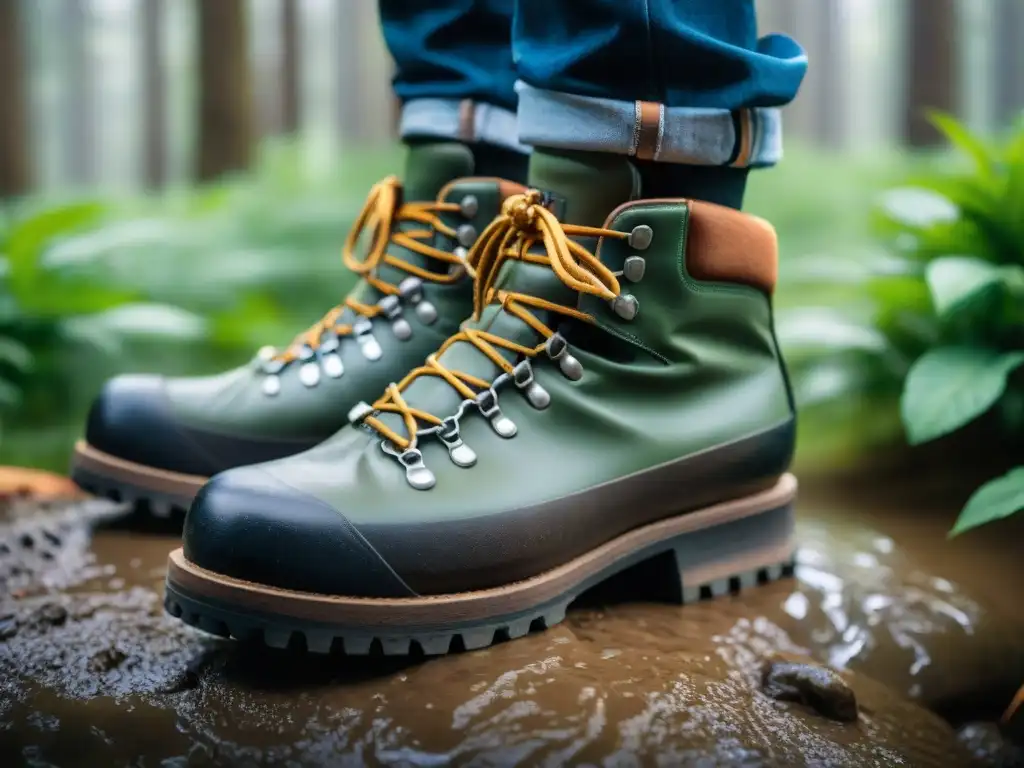 Botas de senderismo en Uruguay: resistencia y estilo en la naturaleza Botas de senderismo cubiertas de barro en el bosque de Uruguay