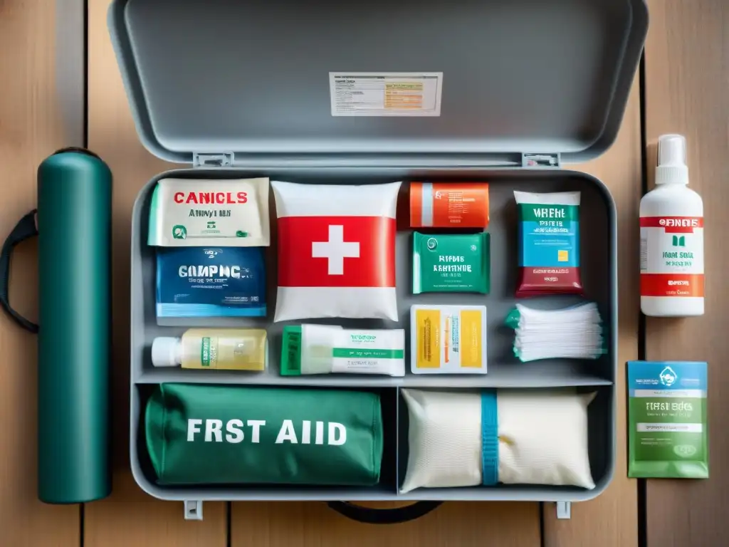 Kit de primeros auxilios para camping en Uruguay Botiquín de camping en Uruguay esencial: kit de primeros auxilios organizado en madera con elementos variados y etiquetados
