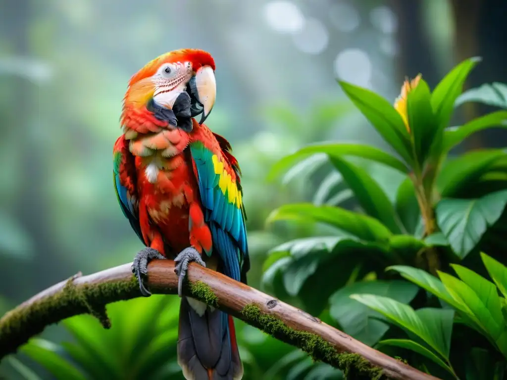 Scarlet Macaw: Detalle exuberante en la selva tropical de Uruguay Un brillante Guacamayo Escarlata posado en una rama de árbol en la exuberante selva tropical de Uruguay