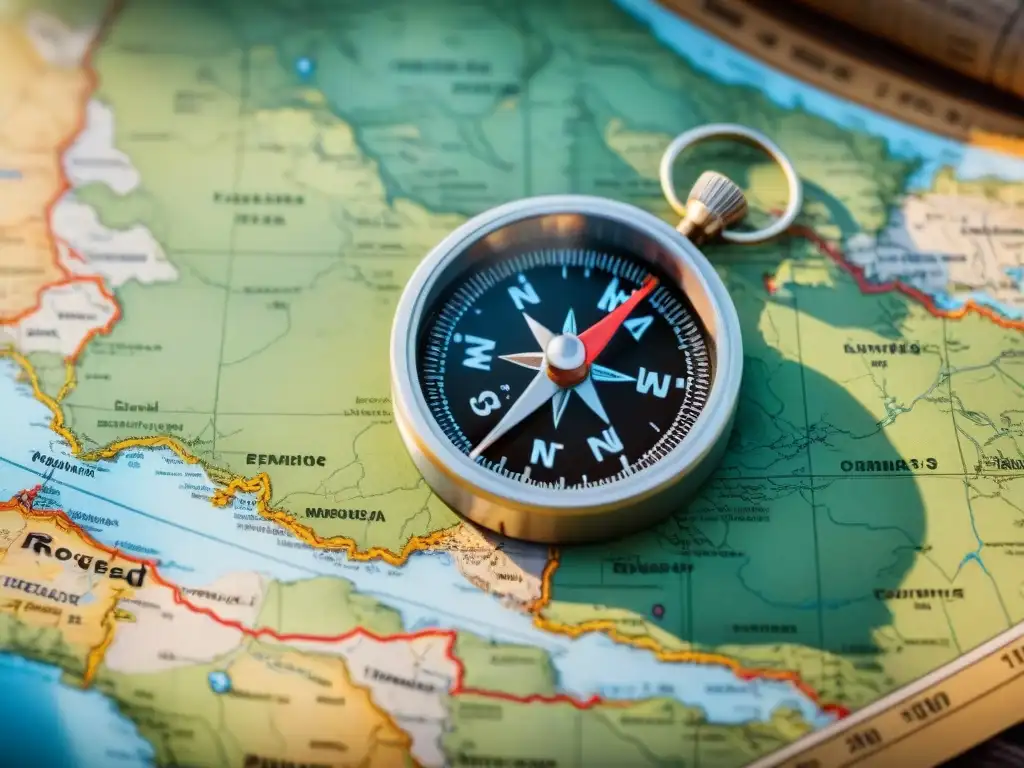 Brújula magnética de alta calidad en mapa envejecido Una brújula de alta calidad sobre un mapa desgastado, ideal para camping