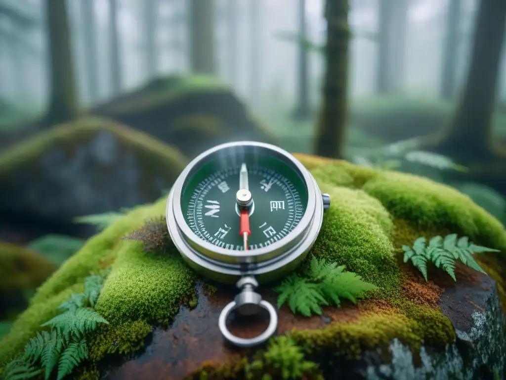 Brújula oxidada en bosque místico Una brújula envejecida descansa sobre una roca musgosa en un bosque brumoso, evocando aventura