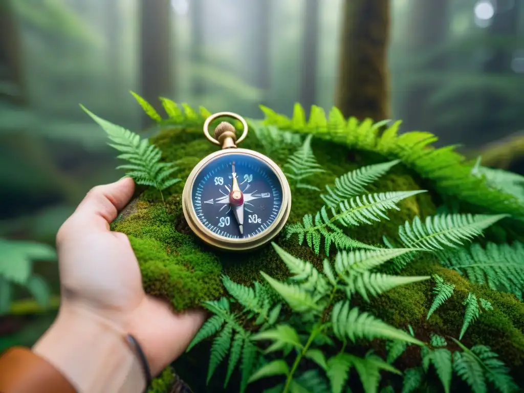 Compás antiguo en bosque: aventura y orientación precisa Una brújula gastada descansa en una roca cubierta de musgo en un bosque denso, rodeada de helechos verdes y luz filtrándose
