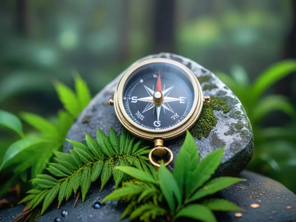 Brújula en bosque uruguayo: misterio y aventura Brújula en roca cubierta de musgo en la selva uruguaya, con GPS y brújulas para trekking en Uruguay