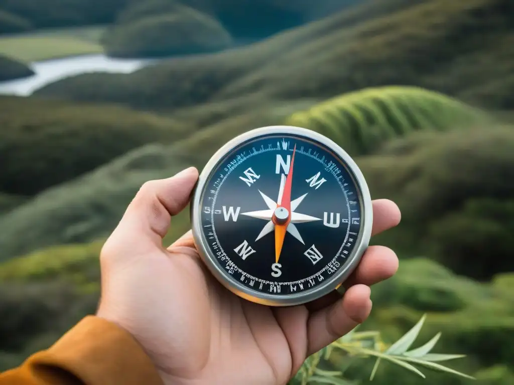 Brújula uruguaya en la exuberante naturaleza: exploración y navegación Una brújula tradicional uruguaya en un exuberante bosque, representando la exploración en Uruguay