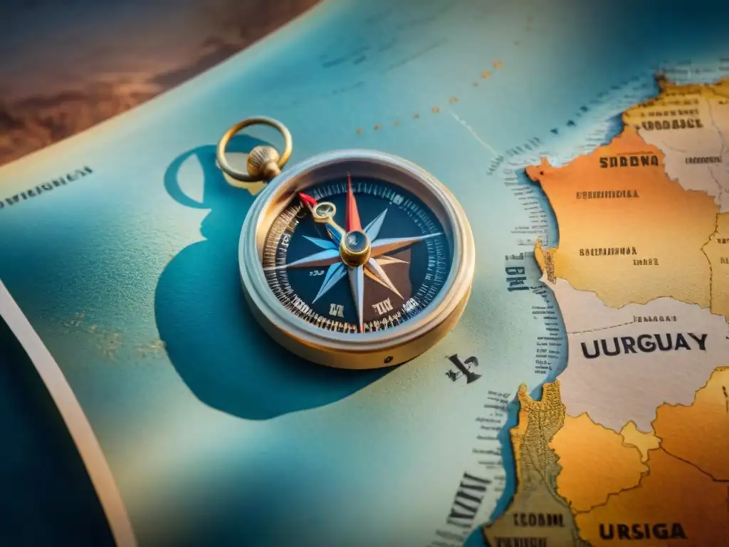 Brújula sobre mapa de Uruguay al atardecer Una brújula tradicional sobre un mapa antiguo de Uruguay al atardecer