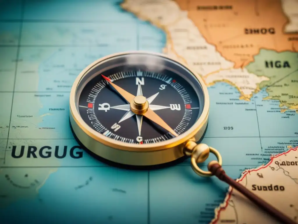 Brújula y mapa vintage de Uruguay: tradición y precisión Una brújula tradicional reposa sobre un mapa envejecido de Uruguay