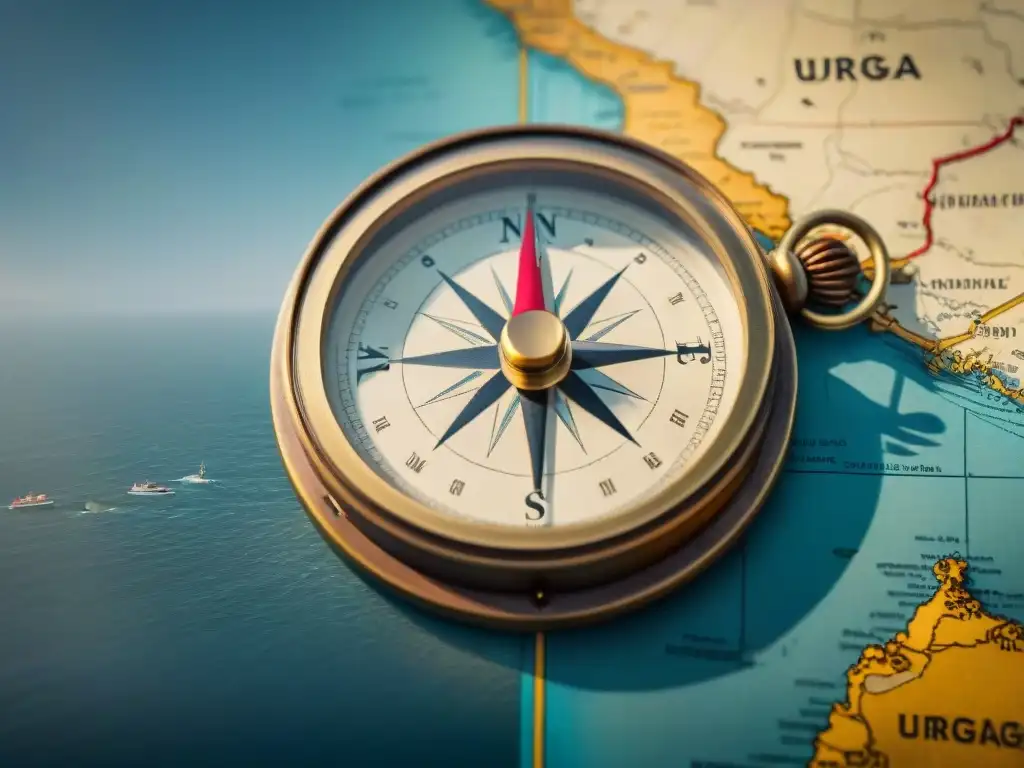 Detalles vintage: brújula y mapa náutico de Uruguay Una brújula tradicional sobre un mapa náutico de Uruguay, detallando la aguja y rutas costeras