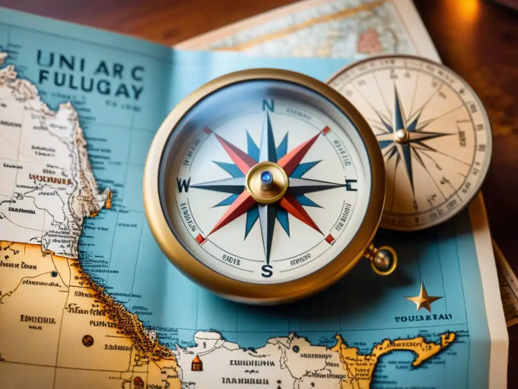 Brújula uruguaya tallada: símbolos y cultura local Una brújula uruguaya tradicional tallada en calabaza y metal, sobre un mapa antiguo, iluminada por el sol