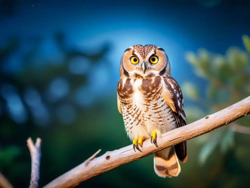 Búho de los bosques uruguayos: mirada nocturna Un búho orejudo sureño majestuoso posado en rama en un bosque uruguayo denso de noche, iluminado por la luna