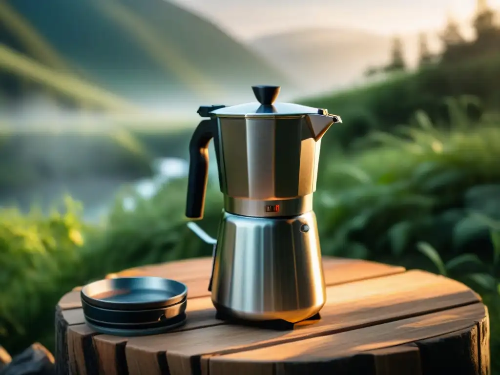 Cafetera portátil de acero inoxidable en la naturaleza Una cafetera portátil de acero inoxidable en una mesa de camping de madera, iluminada por la luz de la mañana en un entorno natural