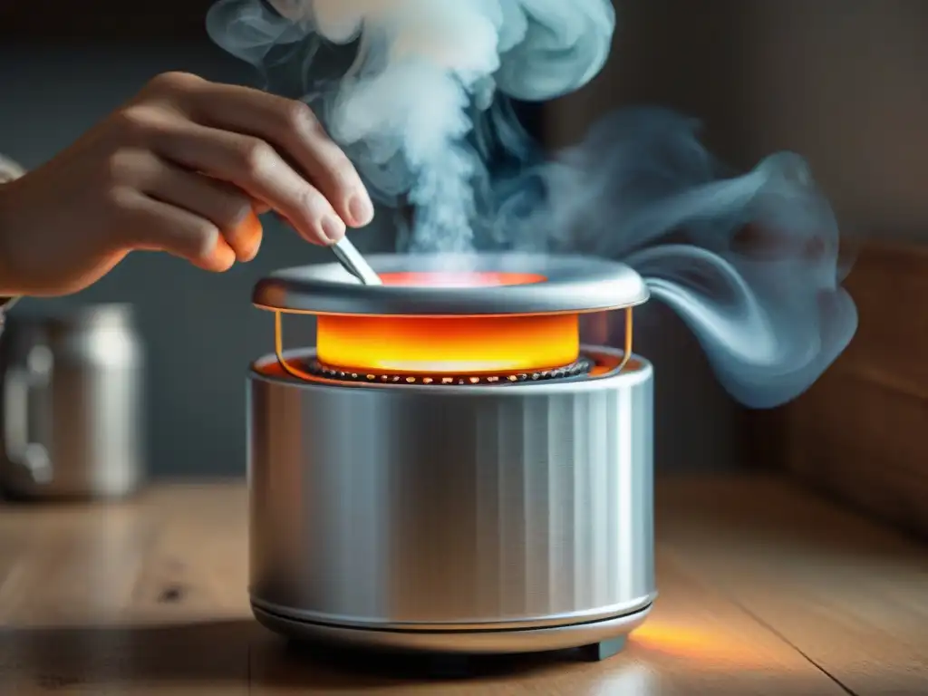 Heater casero: calidez y creatividad en una lata reciclada Calentador portátil casero lata: manos ajustan llama de bricolaje en ambiente cálido y auténtico