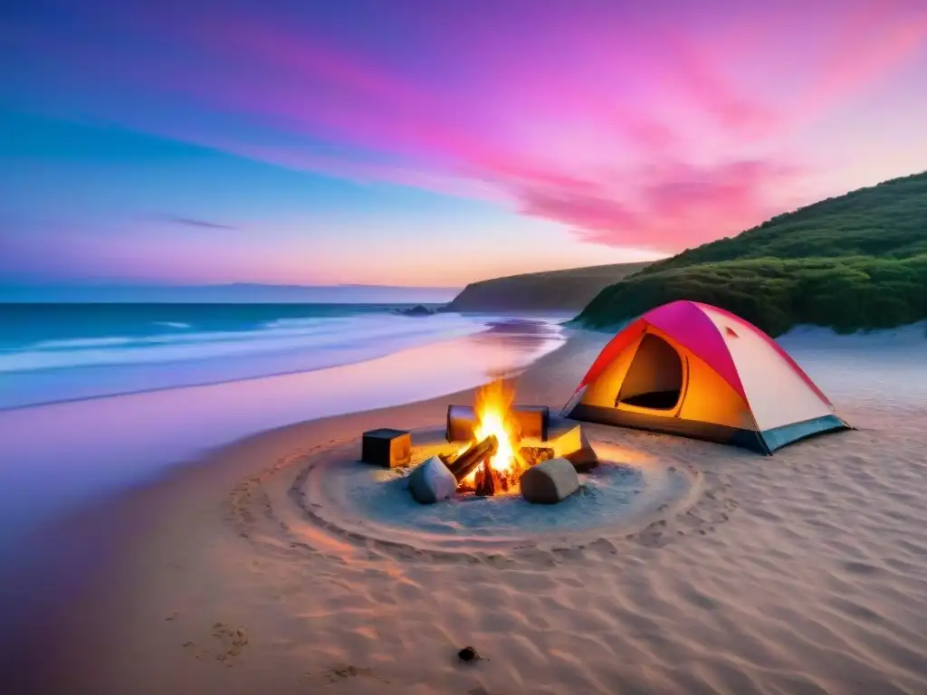 Camping en la playa al atardecer: amigos y fogata en Uruguay Cálido atardecer en playa de Uruguay con amigos disfrutando de campamento seguro y consejos de seguridad