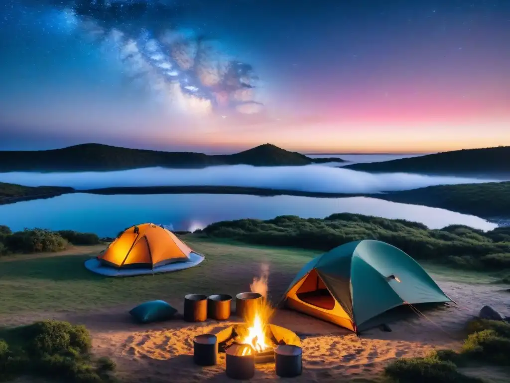 Noche de camping estrellada en Laguna Garzón, Uruguay Cálido campamento en Laguna Garzón al atardecer en Uruguay con las mejores bolsas de dormir