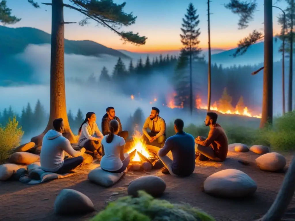 Sesión de Primeros Auxilios Psicológicos alrededor de la fogata Un cálido encuentro de primeros auxilios psicológicos en camping en Uruguay, alrededor de una fogata en el bosque de noche