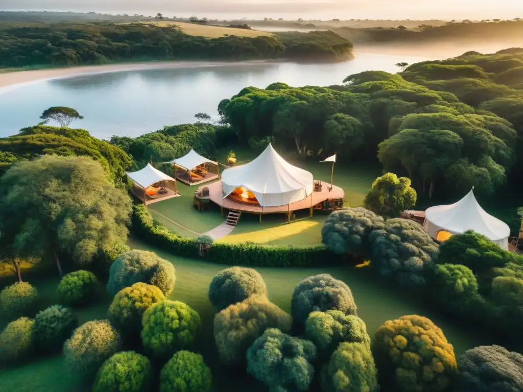¡'Glamping de lujo en Uruguay: Oasis natural y elegante al atardecer'! Anochecer cálido en glamping lujoso en Uruguay, con tiendas y áreas al aire libre