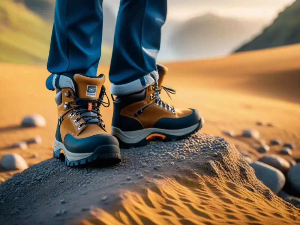 Botas de camping de alta tecnología explorando terrenos en Uruguay Calzado camping Uruguay avanzado: Detalle de suelas innovadoras en terreno rocoso