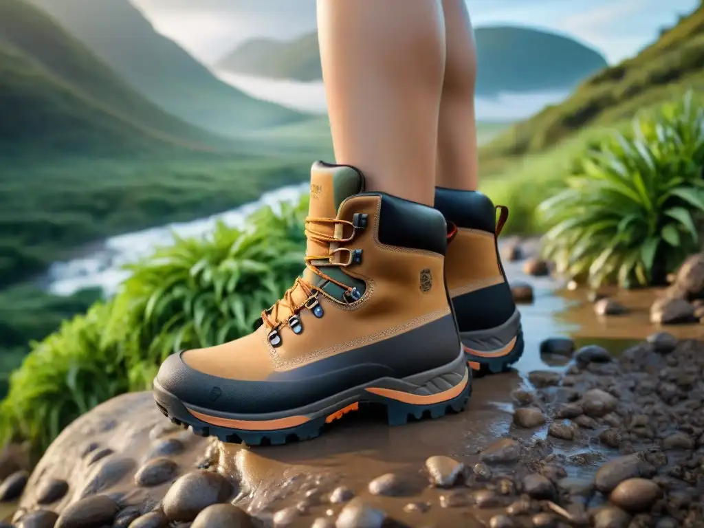Botas de camping avanzadas para terrenos difíciles en Uruguay Calzado de camping Uruguay avanzado listo para la aventura en terrenos difíciles, con sol radiante y botas cubiertas de barro