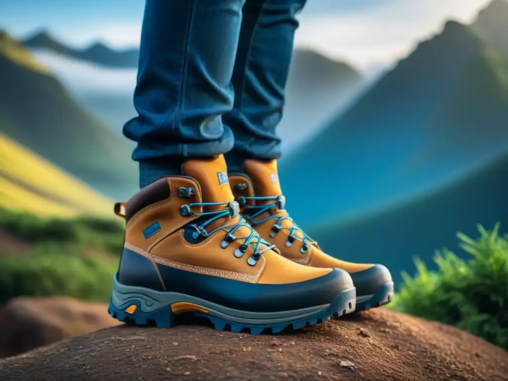 Botas de camping avanzadas en Uruguay: durabilidad y tecnología Calzado camping Uruguay avanzado en terreno rugged con vista panorámica de un campamento pintoresco