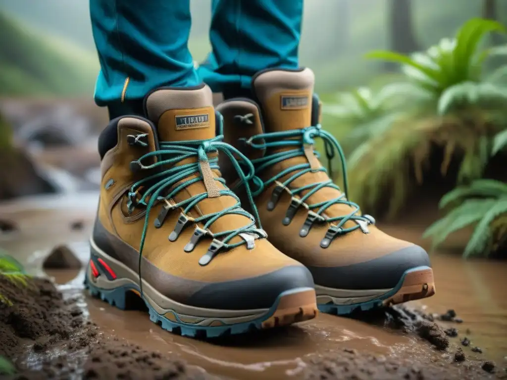 Botas de trekking resistentes en Uruguay Calzado de trekking para explorar Uruguay: Botas embarradas rodeadas de exuberante vegetación en un sendero desafiante