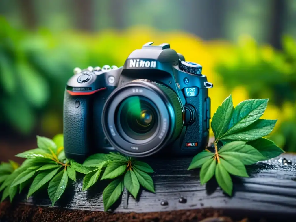 Cámara DSLR resistente en entorno natural Una cámara DSLR resistente, cubierta de agua y polvo, ideal para aventuras al aire libre en un bosque frondoso