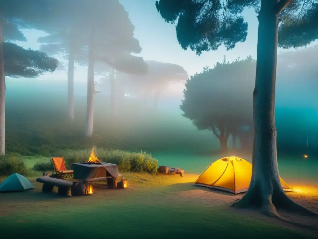 Campamento en Uruguay: Serenidad en la naturaleza al amanecer Cámaras instantáneas para camping en Uruguay: Amanecer tranquilo en un campamento verde con tienda de colores y fogata
