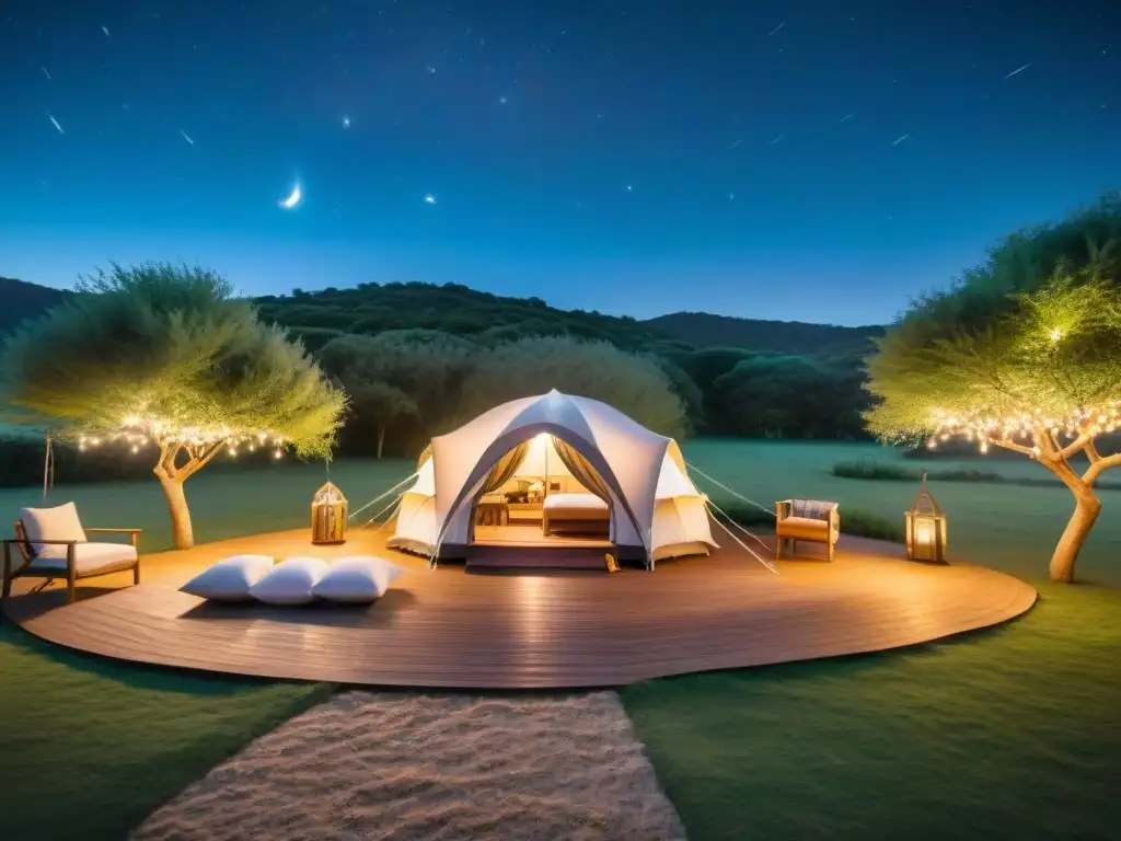 Escena nocturna de lujo en glamping en Uruguay Camas inflables para glamping en Uruguay bajo un cielo estrellado y acogedor