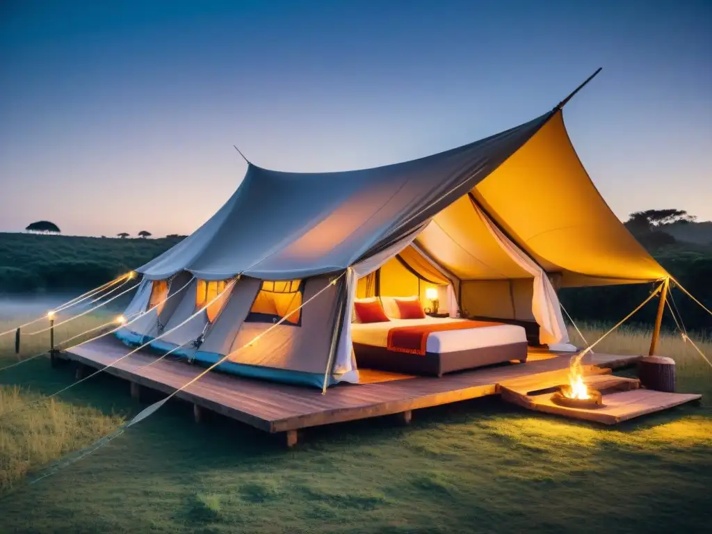 Glamping de lujo en Uruguay: experiencia única en la naturaleza Camas inflables para glamping en Uruguay: lujoso setup con cama inflable en tienda transparente bajo cielo estrellado