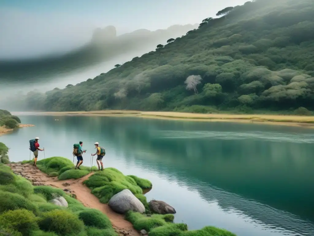 Travesía de hikers en Uruguay: superando ríos con destreza y determinación Caminantes en Uruguay cruzan río con Técnicas de orientación en Uruguay