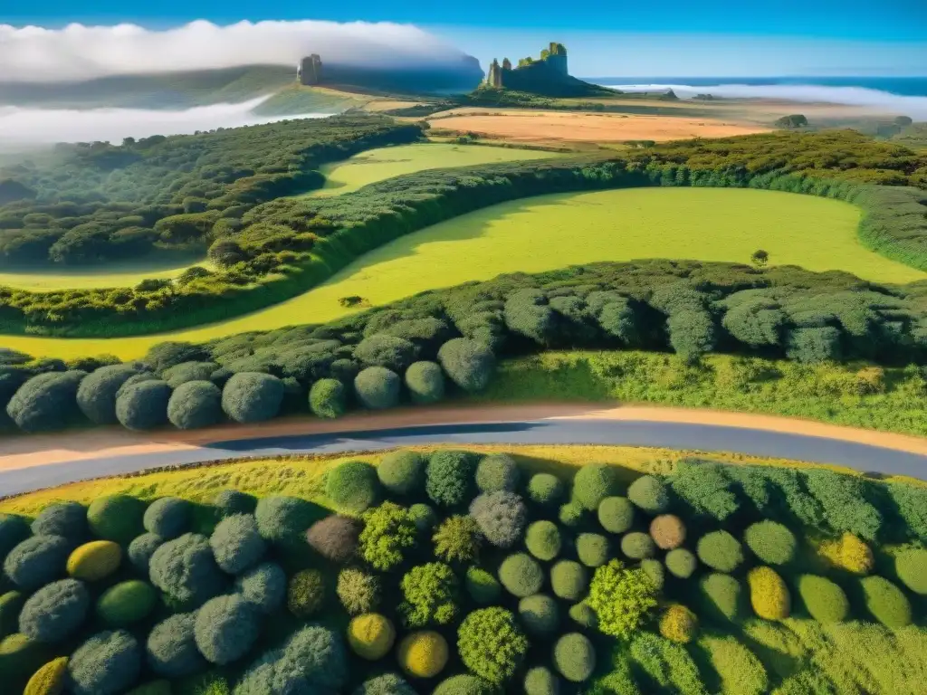 Ruta histórica en Uruguay: campamento entre colinas verdes Un camino de tierra serpenteante entre colinas verdes en Uruguay, con marcadores de piedra antiguos y acampadores cerca de un río